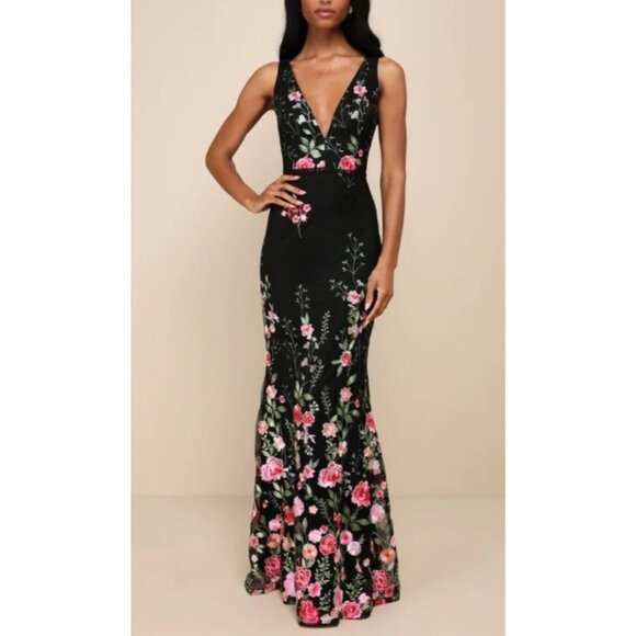 Lulus Formal Maxi Dress S Soiree Blossom Black Floral Embroidered Mermaid Gown - Picture 1 of 14